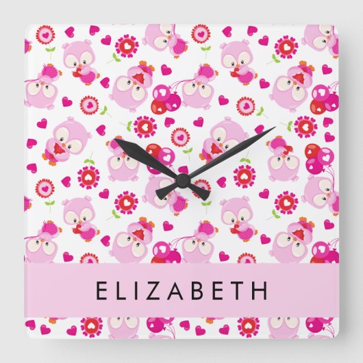 Horloge Carrée Motif De Chouettes, Chouettes Mignonnes, Chouettes (Recto)
