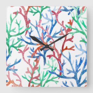 Horloge Carrée Motif de corail d'aquarelle
