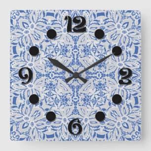 Horloge Carrée Motif de dentelle ajourée grise et bleue vintage