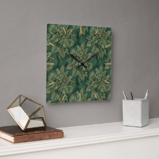 Horloge Carrée Motif de feuilles tropicales en vert or luxe