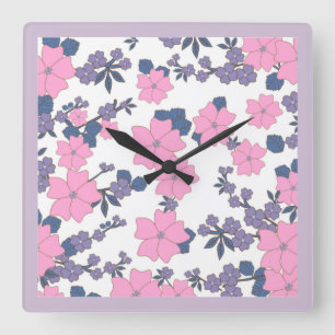 HORLOGE CARRÉE MOTIF DE FLEUR ROSE ET VIOLET