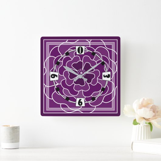 Horloge Carrée Motif de fleurs abstraites violet foncé (Maison)