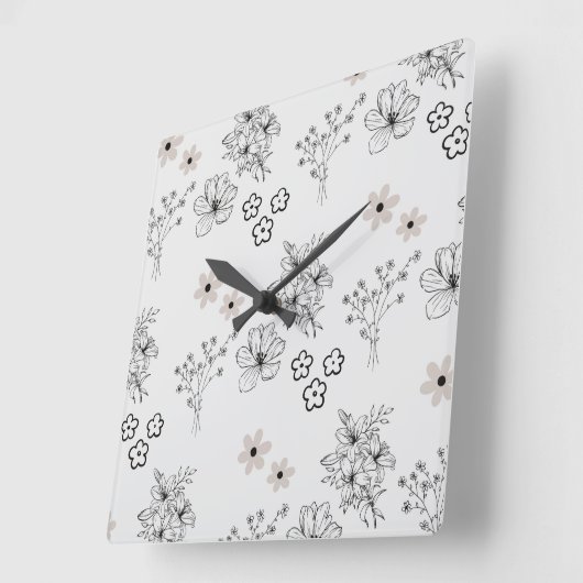 Horloge Carrée Motif de fleurs hippie gris noir rétro Y2K (Angle)