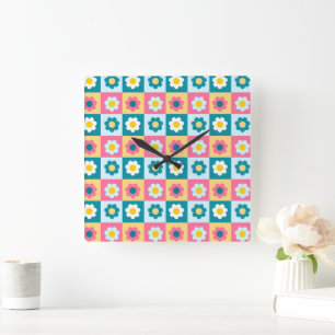 Horloge Carrée Motif de fleurs pastel colorées Rétro Mignon