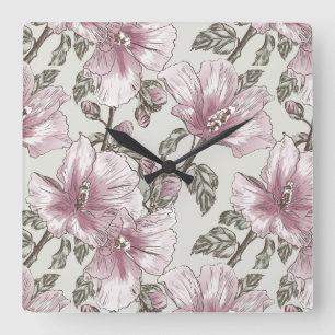 Horloge Carrée Motif de fleurs rose amorti de ketmie