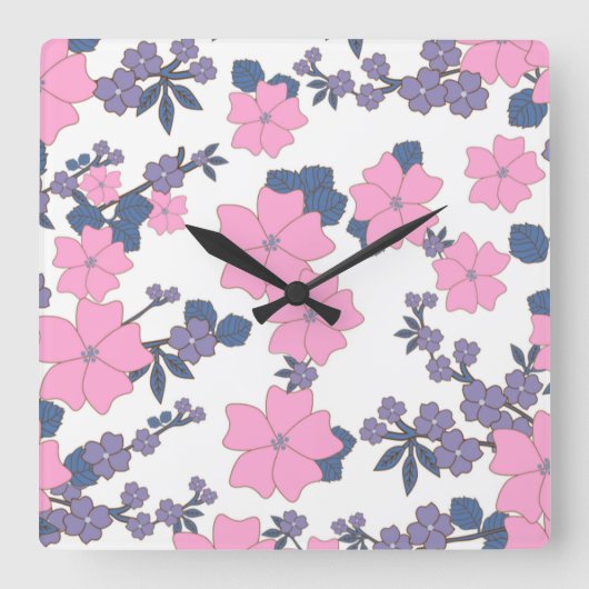 Horloge Carrée Motif DE FLEURS ROSE ET PURPLE (Recto)