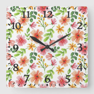 Horloge Carrée Motif de fleurs roses à l'aquarelle