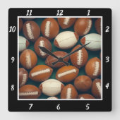 Horloge Carrée Motif de football à cadre noir (Recto)