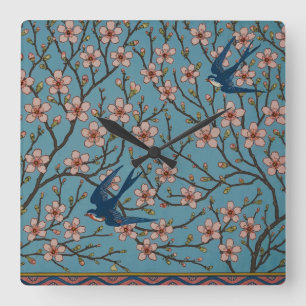 Horloge Carrée Motif de l'hirondelle florale rétro bleu par Walte
