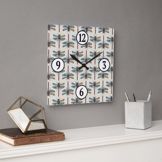 Horloge Carrée Motif de libellule coloré (Bureau)