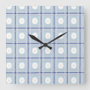 Horloge Carrée Motif de marguerite à carreaux bleus