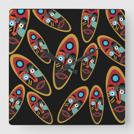 Horloge Carrée motif de masques modernes abstraits (Recto)