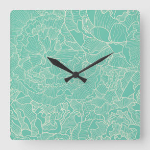 Horloge Carrée Motif de pivoine de turquoise