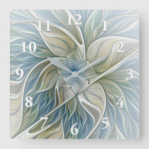 Horloge Carrée Motif de rêve floral Abstrait Bleu Kaki Fractale
