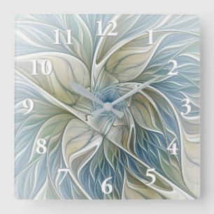 Horloge Carrée Motif de rêve floral Abstrait Bleu Kaki Fractale