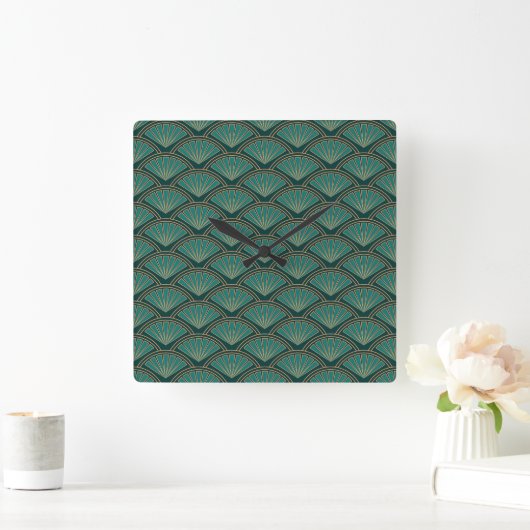 Horloge Carrée Motif de style Art déco en vert turquoise (Maison)