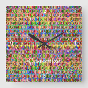 Horloge Carrée motif de symboles de paix multicolores