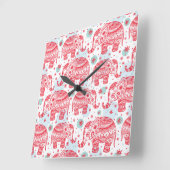 Horloge Carrée Motif d'éléphant ethnique rouge (Angle)