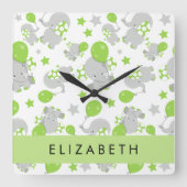 Horloge Carrée Motif D'Eléphants, Eléphants Mignons, Votre Nom (Recto)