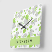 Horloge Carrée Motif D'Eléphants, Eléphants Mignons, Votre Nom (Angle)