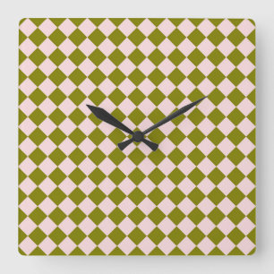 Horloge Carrée Motif diamant à carreaux rose vert