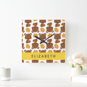 Horloge Carrée Motif D'Ours, Mignons Ours, Citrouille, Votre Nom
