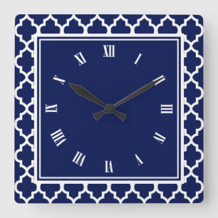 Horloge Carrée Motif du Quatrefoil bleu et blanc de la marine