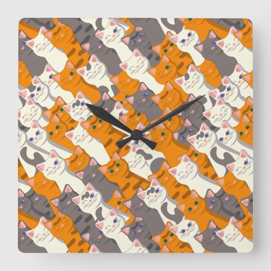 Horloge Carrée Motif en diagonale du chat noir blanc gingembre (Recto)
