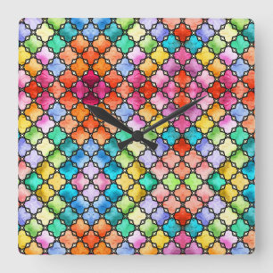 Horloge Carrée Motif en mosaïque arc-en-ciel