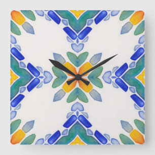 Horloge Carrée motif en mosaïque blanche bleu-vert