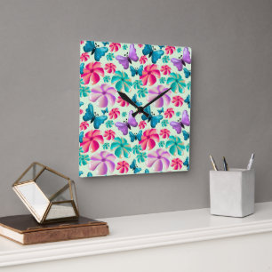 Horloge Carrée Motif esthétique papillon et fleur