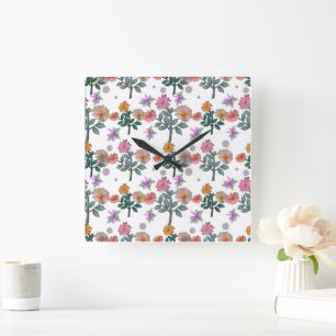 Horloge Carrée Motif floral aquarelle coloré