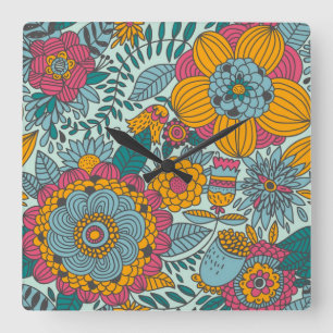 Horloge Carrée Motif floral coloré