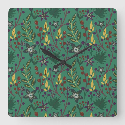 Horloge Carrée Motif floral sans couture fleurs fond vert (Recto)