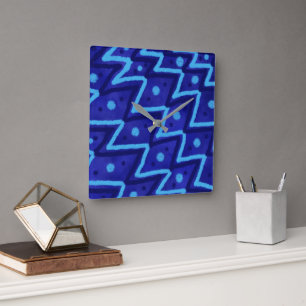 Horloge Carrée Motif funky à points en zigzag bleu