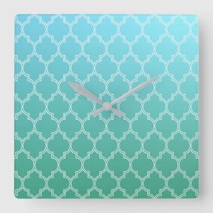 Horloge Carrée Motif géométrique Abstrait turquoise et blanc