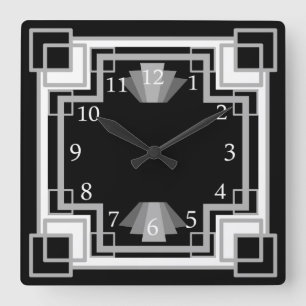 Horloge Carrée motif géométrique gris et noir d'art déco des