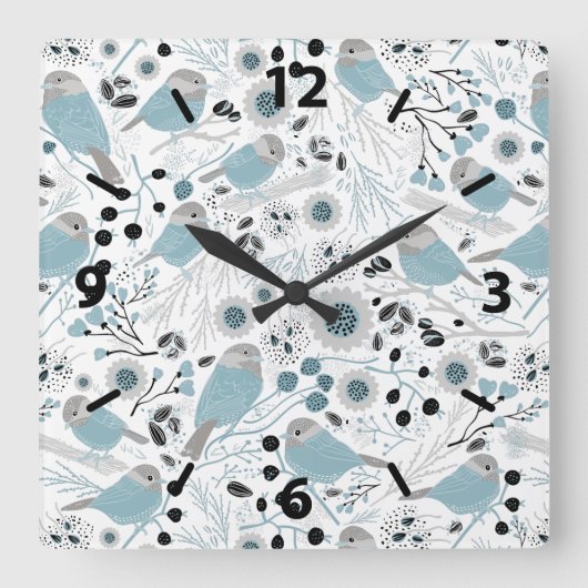 Horloge Carrée Motif gris bleu chickadee (Recto)