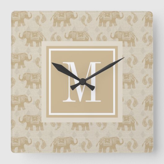 Horloge Carrée Motif kaki de caravane d'éléphant du monogramme | (Recto)