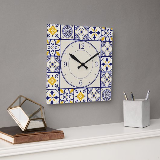 Horloge Carrée Motif marocain en Bleu, Jaune, Crème (Bureau)