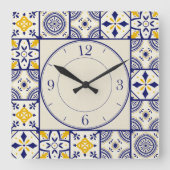 Horloge Carrée Motif marocain en Bleu, Jaune, Crème (Recto)