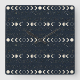 Horloge Carrée Motif Minimaliste des Phases Lunaires avec Étoiles