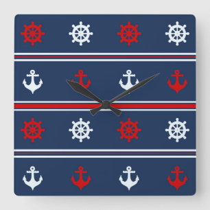 Horloge Carrée Motif nautique blanc et bleu rouge