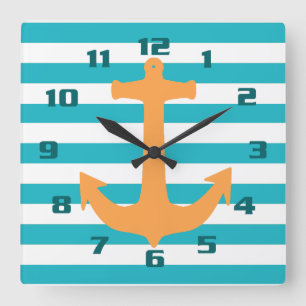 Horloge Carrée Motif nautique rayé et ancre