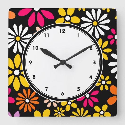 Horloge Carrée Motif noir blanc jaune et rose (Recto)