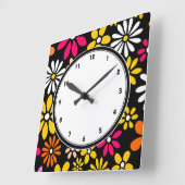Horloge Carrée Motif noir blanc jaune et rose (Angle)