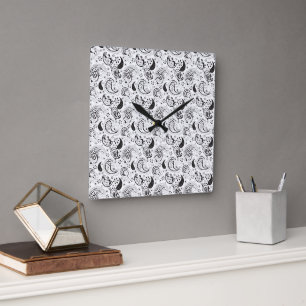 Horloge Carrée Motif noir et blanc Paisley - Art textile élégant