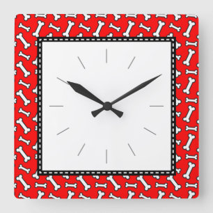 Horloge Carrée Motif noir rouge d'os de chien de l'amoureux des