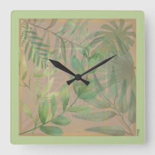 Horloge Carrée Motif or Abstrait à feuilles vertes Chic Gold