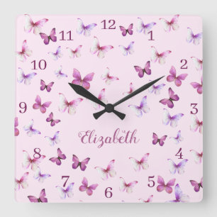Horloge Carrée Motif Papillons Roses Nom Personnalisé